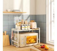 Adjustable Microwave Shelf, Expandable Kitchen Storage Rack With 4 Hooks, Steel And Bamboo, Cream White And Light Bamboo