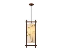 Adjustable Modern Pendant Light - Rectangular Wood e with Fabric Shade & Bamboo Art - Stylish Chaner for Living Room, Dining, Study, Teahouse & Entryway Decor