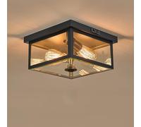 Adjustable Motion Sensor Ceiling Light Fixture Outdoor Modern Design of Squares Flush Mount 2-Light Textured Black Fixture with Clear Glass for Your Porch,Garage,Patio,Hallway,Front and Back Yards