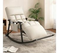 Adjustable Nursery Rocking Chair with Reclining Back & Footrest Upholstered Armchair with Side Pockets Cozy Rocker for Living Room & Bedroom (Beige & Black)