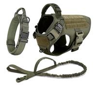 Adjustable Nylon Military Tactical Dog Harness Collar Leash Set Labrador German Shepherd French Bulldog Outdoor Training Hunting Walking Harness,Green Set,XL