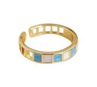 Adjustable Open Ring for Women, Blue and White Color Block, Geometric Hollow Out Design, Fashion Elegant Gold-Plated Copper Jewelry, Stunning Match for Dresses Shirts and All Kinds of Casual Outfits