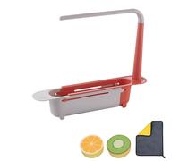 Adjustable Over The Sink Organizer with Sponge Caddy, Kitchen Sink Caddy Storage for Sponges & Cleaning Tools, Foldable Towel Rack, Space Saving Countertop and Window Sill Shelf (Red)