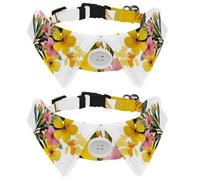Adjustable Pet Bowtie Collar Watercolor Pink and Yellow Wild Flowers and Leaves Neck Bow Tie for Small Dogs Cats, Adjustable from 11.2-12.2In