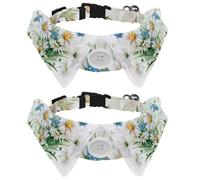 Adjustable Pet Bowtie Collar White Chamomile Flowers Pattern Neck Bow Tie for Small Dogs Cats, Adjustable from 11.2-12.2In