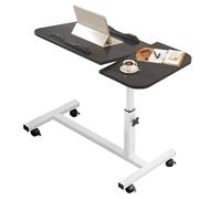 Adjustable Pneumatic Overbed Table with Wheels - Rolling Laptop Computer Standing Desk Cart - Split Top Tilting Bedside Bed Table with Double Edge Stopper Device