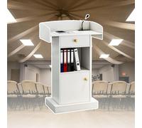Adjustable Presentation Podium Stand with Storage Shelf Ideal for School Teaching Business Halls and Corporate Events (White)