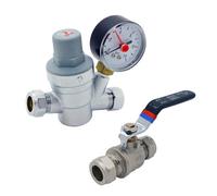 Adjustable Pressure Reducing Valve 15mm With Gauge + 15mm Lever Ball Valve Full Bore