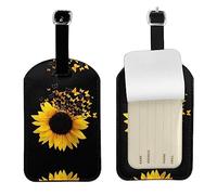 Adjustable Privacy Protection Luggage Tag, Sunflower Floral Butterflies Art Printed Personalized Leather Luggage Tag Label, Perfect Travel Accessory and Gift