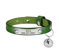 Adjustable PU Leather Personalized Cat Collar With ID Name Tag Bell For Yorkshire Terrier Pug Chihuahua,Green,S 15-23cm