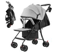 Adjustable Reclining Baby Stroller with Umbrella, 95°-175° Iron Frame Travel Stroller, 4.2 kg Lightweight Foldable Under-Seat Storage & Cup Holder 5-Point Harness for Toddlers 0-2 Years Grey