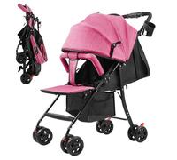 Adjustable Reclining Baby Stroller with Umbrella, 95°-175° Iron Frame Travel Stroller, 4.2 kg Lightweight Foldable Under-Seat Storage & Cup Holder 5-Point Harness for Toddlers 0-2 Years Pink