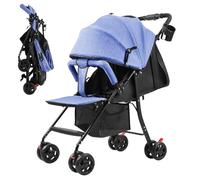 Adjustable Reclining Baby Stroller with Umbrella, 95°-175° Iron Frame Travel Stroller, 4.2 kg Lightweight Foldable Under-Seat Storage & Cup Holder 5-Point Harness for Toddlers 0-2 Years Blue