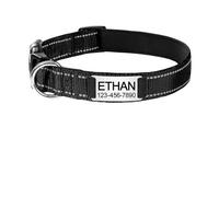 Adjustable Reflective Nylon Dog Collar Custom Engraved Name ID Tag Personalized Glow(Black,S 25-38cm)