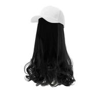 Adjustable Removable Black Wig Hat Baseball Cap With Hair Extensions Long Curly Hairstyle 17.7inch For Woman (Hat(white) With Black Hair)