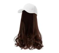 Adjustable Removable Black Wig Hat Baseball Cap With Hair Extensions Long Curly Hairstyle 17.7inch For Woman (Hat(white) With Brown Hair)