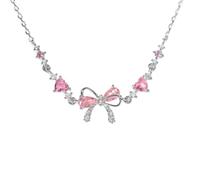 Adjustable Ribbon Bow Beaded Chain Bracelet, Friendship Bracelets with White Pink Zircon (Silver,One Size)