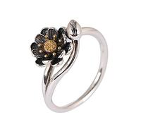 Adjustable Ring Women, S925 Sterling Silver Vintage Black Lotus Golden Stamen Flower Bud Charm Adjustable Open Ankle Tail Ring Finger Joint Toe Ring
