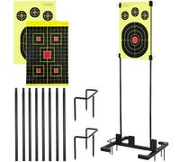 Adjustable Shooting Target Stand Set With 10 Paper Targets, Two Mounting Options for Outdoors, Stable Holder With Metal Poles and Ground Nails (Black)