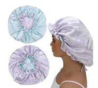 Adjustable Silk Satin Bonnet Hair Care Caps for Women Girls Loose-fitting Reversible Sleeping Cap Shower Caps Hair Wrap Bonnets (002 Lilac/Aqua)