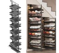 Adjustable Slim Metal for Closet Shoe Cabinet Adjustable Height Retractable Metal，Adjustable Pull-Out Shoe Rack Organizer - 14-Tier Stackable Design with Retractable Guide Rail for Smooth, Q