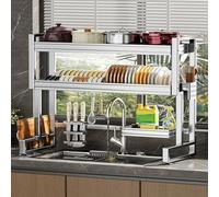 Adjustable Stainless Steel Dish Rack - TwoTier Sink Orga 37Inch Height with Cutting Board Holder SpaceSaving Kitchen Drying Rack for Efficient Organization