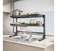 Adjustable Stainless Steel Over-Sink Dish Drainer Double Layer Dish Drying Rack for Kitchen Countertops Cabinet with Doors - Black Space-Saving Design