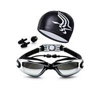 Adjustable Swimming Goggles & Cap Set, No Leak Anti-Fog UV Protection Triathlon with Nose Clip Ear Plugs Case for Adult Men Women Youth (Black)