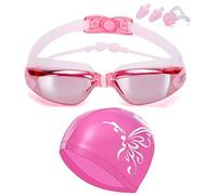 Adjustable Swimming Goggles & Cap Set, No Leak Anti-Fog UV Protection Triathlon with Nose Clip Ear Plugs Case for Adult Men Women Youth (Pink)
