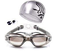 Adjustable Swimming Goggles & Cap Set, No Leak Anti-Fog UV Protection Triathlon with Nose Clip Ear Plugs Case for Adult Men Women Youth (Silver)