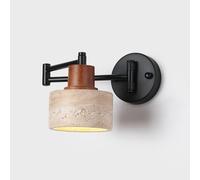 Adjustable Swing Arm Wall Sconce - Japanese Wabi-Sabi Natural Stone & Wood Bedside Lamp, Foldable Reading Light, Indoor Lighting Fixture for Bedroom & Hallway