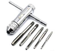 Adjustable T-Handle Ratchet Tap Holder Wrench Set for -M8 Metric Screw Taps, 6-Piece Includes 5 Taps and Holder with Knurled Chuck for
