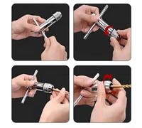 Adjustable T Handle Wrench, Ratchet Tap Holder with T-Handle Design, Steel Construction for -M8 Taps, Silver and Gold Finish, 6-Piece Set