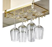 Adjustable Under Cabinet Wine Glass Rack - Punch-Free Stemware Holder 3 Row Metalfor Kitchen & Bar - Hanging Glasses Storage Gold Finish