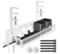 Adjustable Under Desk Cable Tray Crafted from Metal to Organize Cords and Chargers Neatly, Featuring Side Slots for Additional Storage (White)