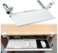 Adjustable Under-Desk Keyboard Tray - Sturdy Black/White Steel Keyboard Platform with Ergonomic Wrist Support - Clamp-On Design for Enhanced Comfort and Space-Saving.