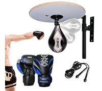 Adjustable Wall Mounted Speedball Platform with Boxing Gloves Set Reflex Bag, Skipping Rope & Punch Bag Home Boxing Training Equipment for Adults & Kids All-in-One Fitness Kit (With 6oz Blue 2023)