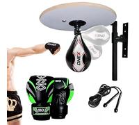Adjustable Wall Mounted Speedball Platform with Boxing Gloves Set Reflex Bag, Skipping Rope & Punch Bag Home Boxing Training Equipment for Adults & Kids All-in-One Fitness Kit (With 6oz Green 2023)