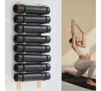 Adjustable Wall-Mounted Yoga Mat Holder, Wooden and Metal Exercise Mat Rack, Foam Roller Storage Shelf, Home Gym Organizer for Yoga Equipment and Accessories