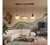 Adjustable Walnut Wood and Marble Pendant Light, Japandi Wabi-Sabi Style Hanging Lamp for Dining Table, Kitchen, and Living Room - Modern Design (D/Long)