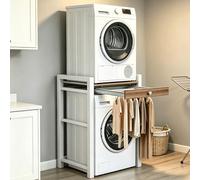 Adjustable Washer Shelf Heavy-Duty Laundry Rack for Washing Machine Space-Saving Washer Tower for Balcony & Laundry Room (White with Drying Rack)