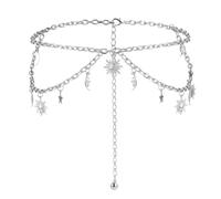 Adjustable Women Metal Chain Belt Stars and Moon Metal Ring Women Waist Chain Decorable Silver Chain Belt for for Dresses Jeans
