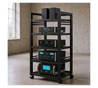 Adjustable Wood and Steel AV Stand, Black Phono Rack for Living Room and Bedroom, Video Storage Solution, Modern Entertainment Center Furniture