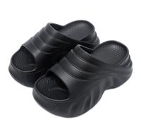 ADKGBE Womens EVA Wave Pattern Platform Height Cloud Sandals Lightweight Padded Insole Comfortable Chunky Heel Non-Slip Slides Summer Pool Beach Garden, black, 4 UK