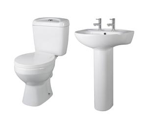 Adley Round Ceramic Bathroom Bundle with Toilet Pan, Cistern, Seat, 2 Tap Hole 550mm Basin & Full Pedestal - Balterley
