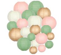 ADLKGG Paper Lanterns Party Decorative, Round Hanging Paper Lanterns Wedding Decorations for Sage Green Bridal Shower Birthday Rustic Party Neutral Baby Shower Home Decor Sage Green/Pink/Brown 21pcs