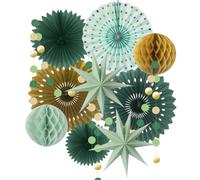 ADLKGG Sage Party Decorations, Green and Gold Hanging Paper Fans Circle Garland Paper Lanterns, Sage Green Themed Birthday Neutral Baby Shower Wedding Bridal Shower Graduation Party Supplies