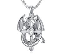 ADLSTIGH Dragon Necklace - Sterling Silver Unique Dragon Cross Religious Ball Pendant Necklace Personalized Jewelry Gifts for Men - Stainless Steel Chain 22+2", Metal, No Gemstone