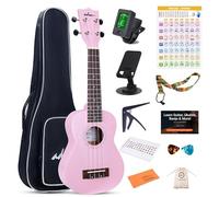 ADM Soprano Ukulele Beginner Kit Mahogany Hawaiian Wood Ukelele Bundle Ukalalee Set with Uke Free Starter Lessons for Beginners Students and Adults, Yellow Brown (Pink, 21 inch)