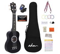 ADM Soprano Ukulele Set for Kids and Beginners, Ukulele Starter Kit with Bag, Clip-On Tuner, Rainbow Strings, Colourful Strap, Plectrum, Fingerboard Sticker, Chord Card,Black